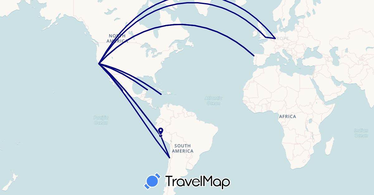 TravelMap itinerary: driving in Chile, Germany, Spain, United Kingdom, Jamaica, Mexico, Peru, United States (Europe, North America, South America)